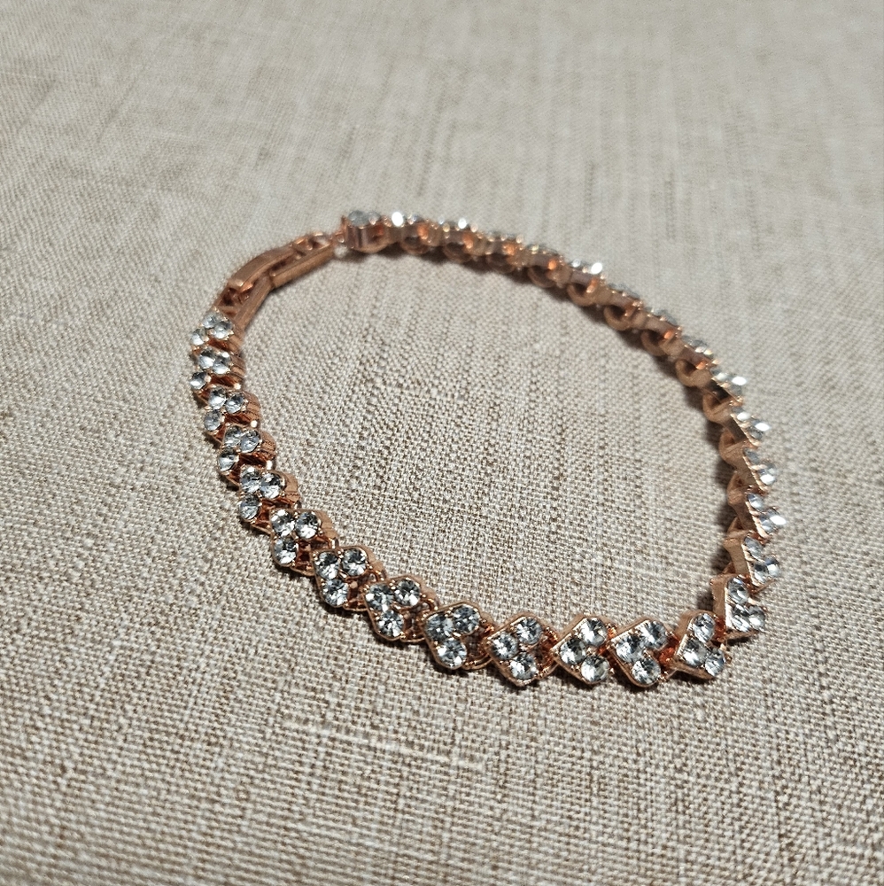Crystal Tennis Bracelet, Rose Gold Plated, Heart Design with Rhinestones